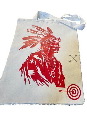 Canvas Tote Bag with Native American Chief Print, Red Graphic Design